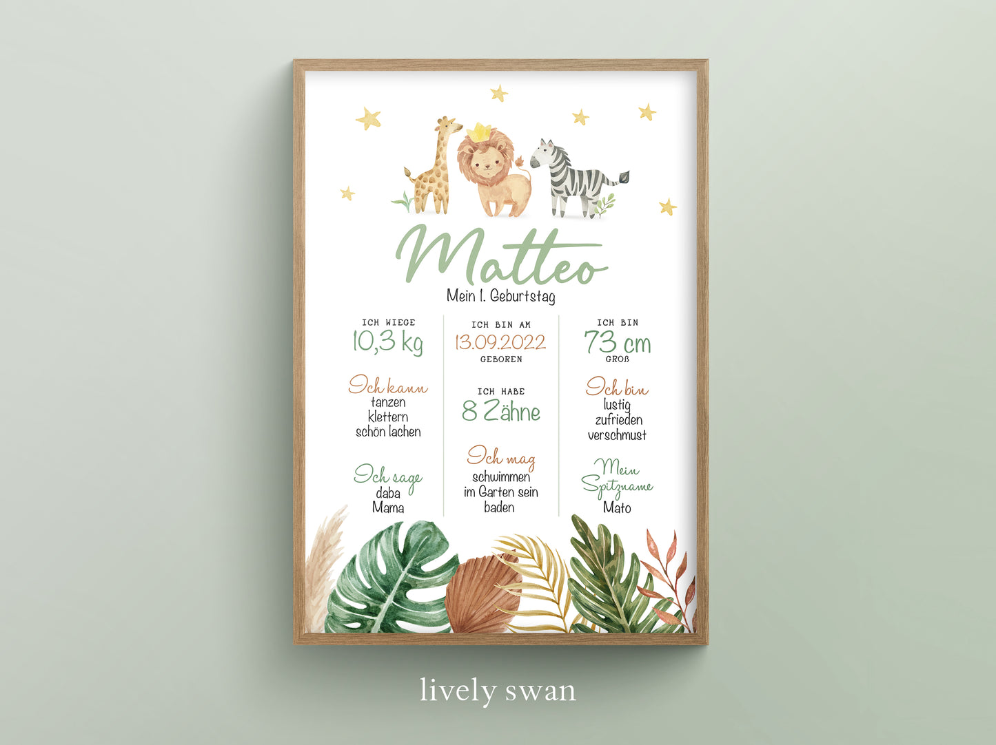 Meilensteintafel zum 1. Geburtstag, personalisiert, Safari, Geburtstagsposter