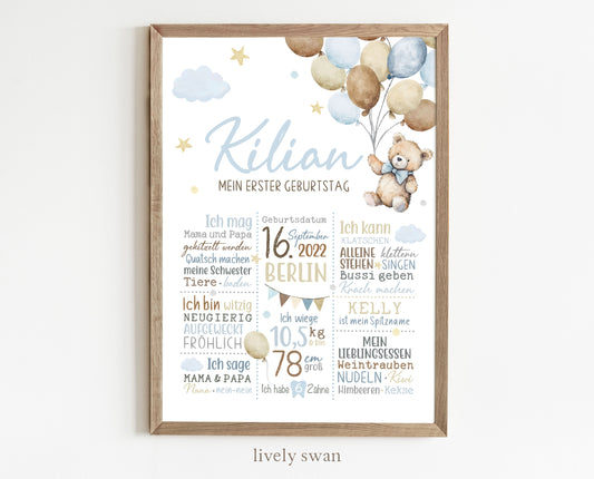 Meilensteintafel zum 1. Geburtstag, personalisiert, Teddybär, Geburtstagsposter,Ballons 5