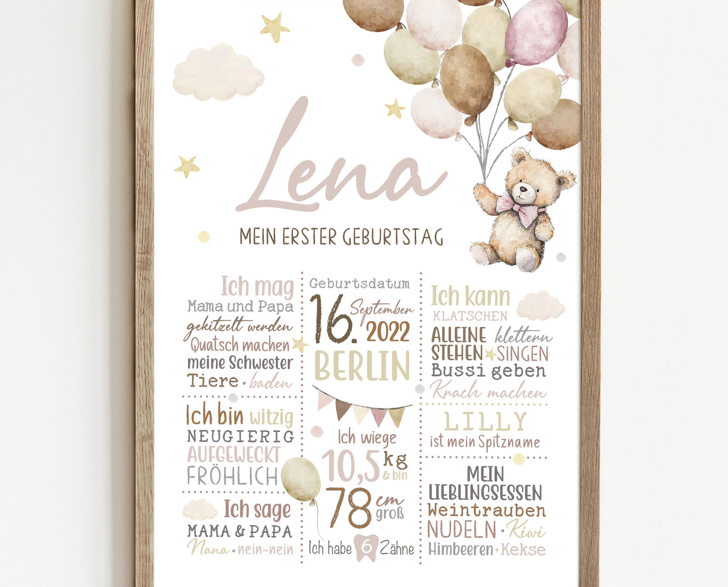 Meilensteintafel zum 1. Geburtstag, personalisiert, Teddybär, Geburtstagsposter,Ballons 5