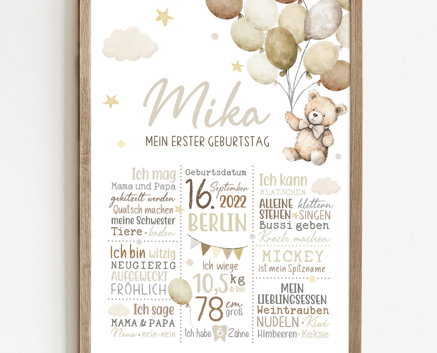 Meilensteintafel zum 1. Geburtstag, personalisiert, Teddybär, Geburtstagsposter,Ballons 5