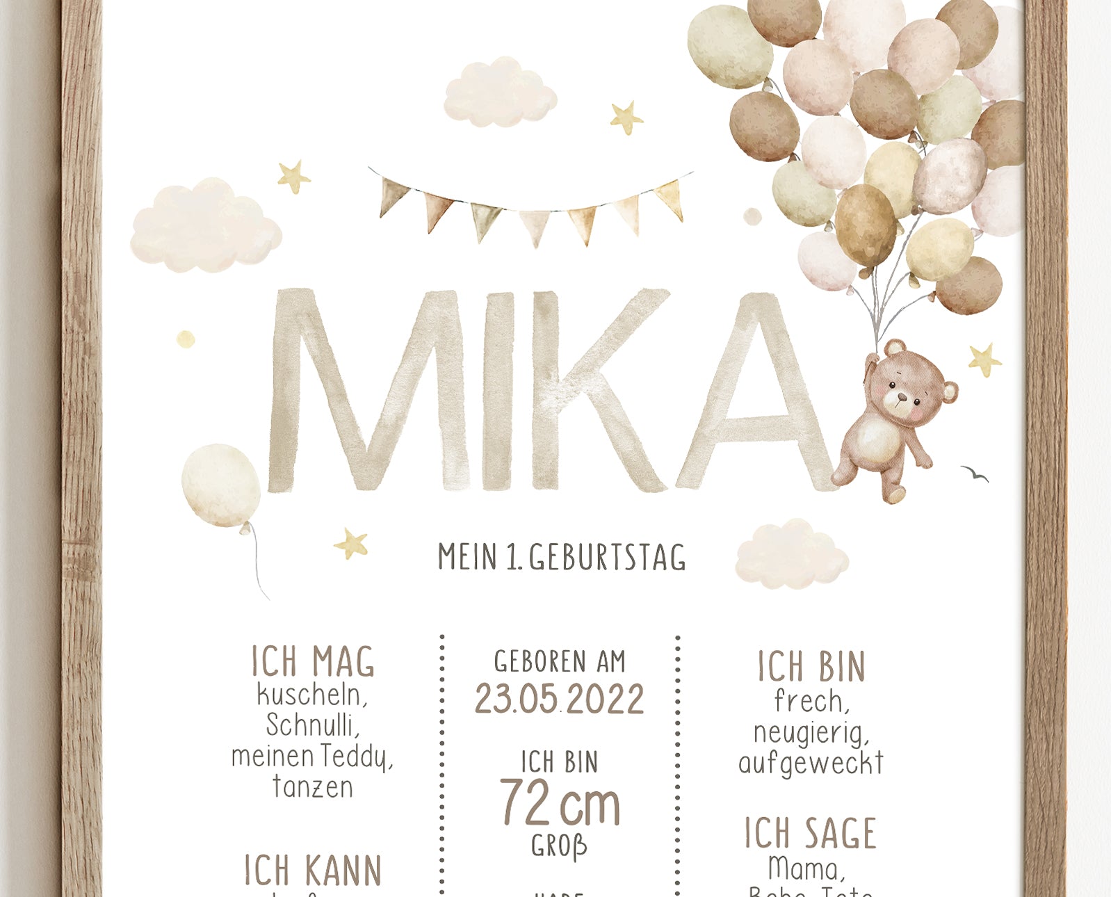 Meilensteintafel zum 1. Geburtstag, personalisiert, Teddybär, Geburtstagsposter,Ballons