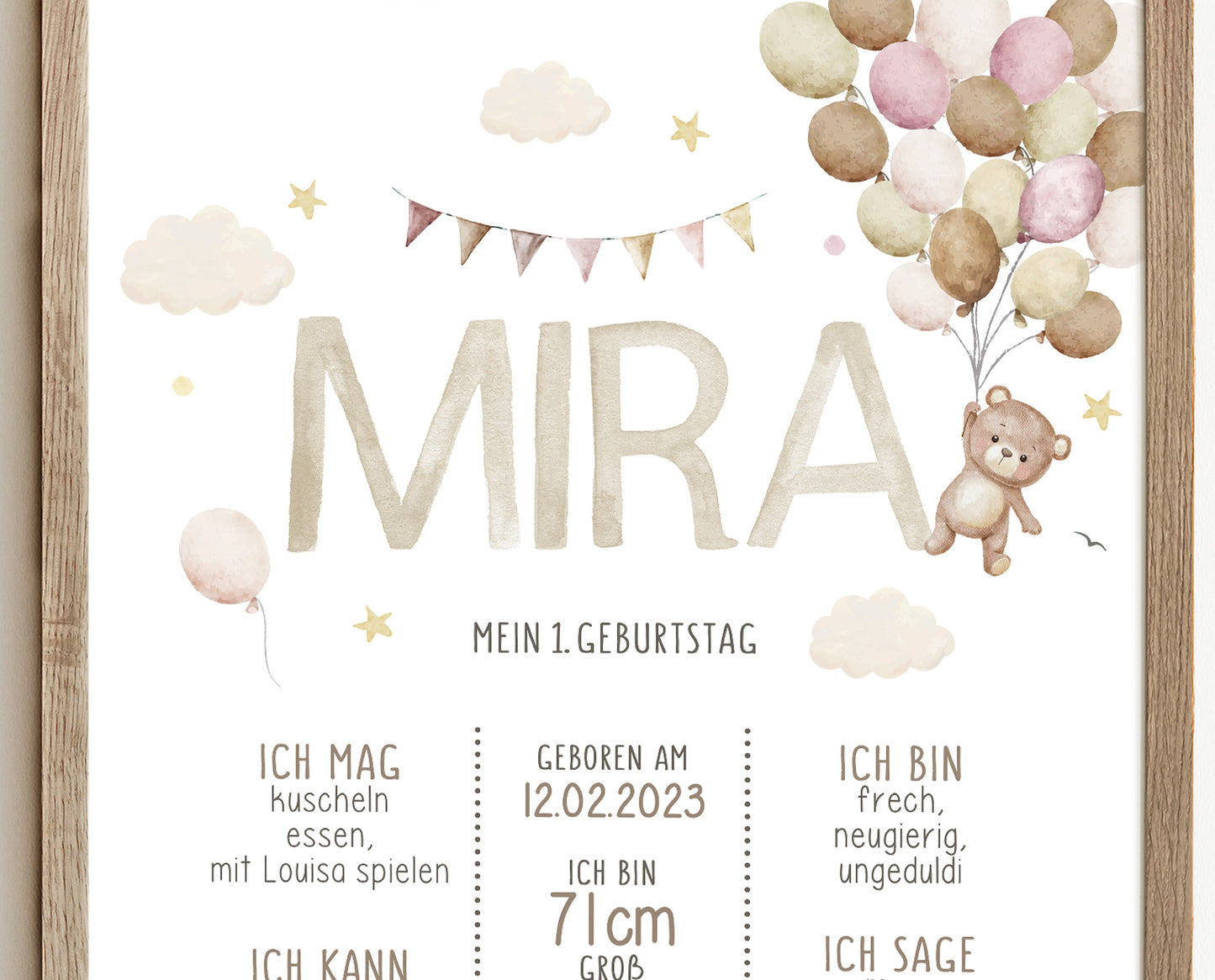 Meilensteintafel zum 1. Geburtstag, personalisiert, Teddybär, Geburtstagsposter,Ballons