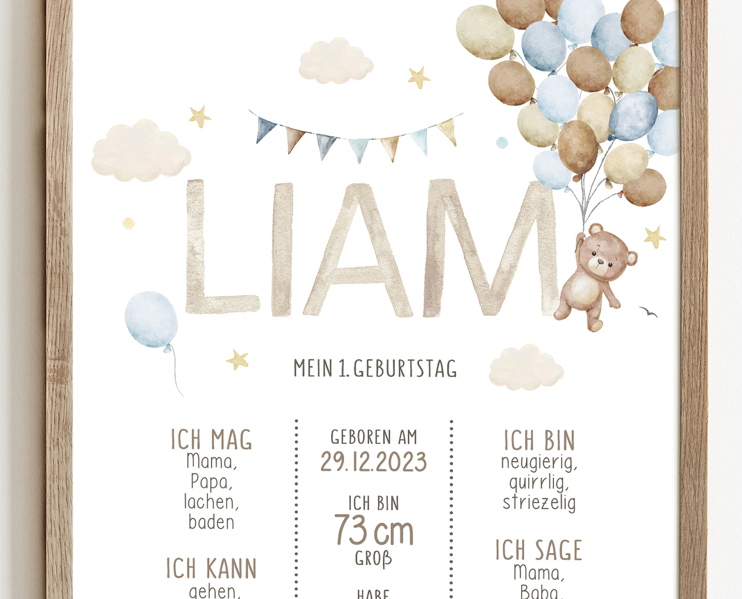 Meilensteintafel zum 1. Geburtstag, personalisiert, Teddybär, Geburtstagsposter,Ballons