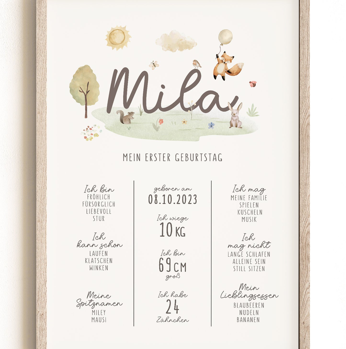 Meilensteintafel zum 1. Geburtstag, personalisiert, Waldtiere, Geburtstagsposter