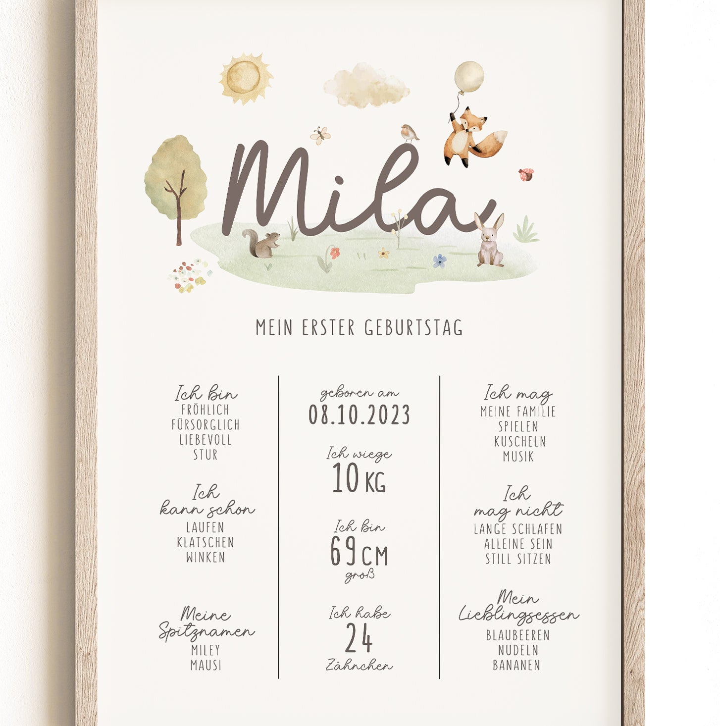Meilensteintafel zum 1. Geburtstag, personalisiert, Waldtiere, Geburtstagsposter