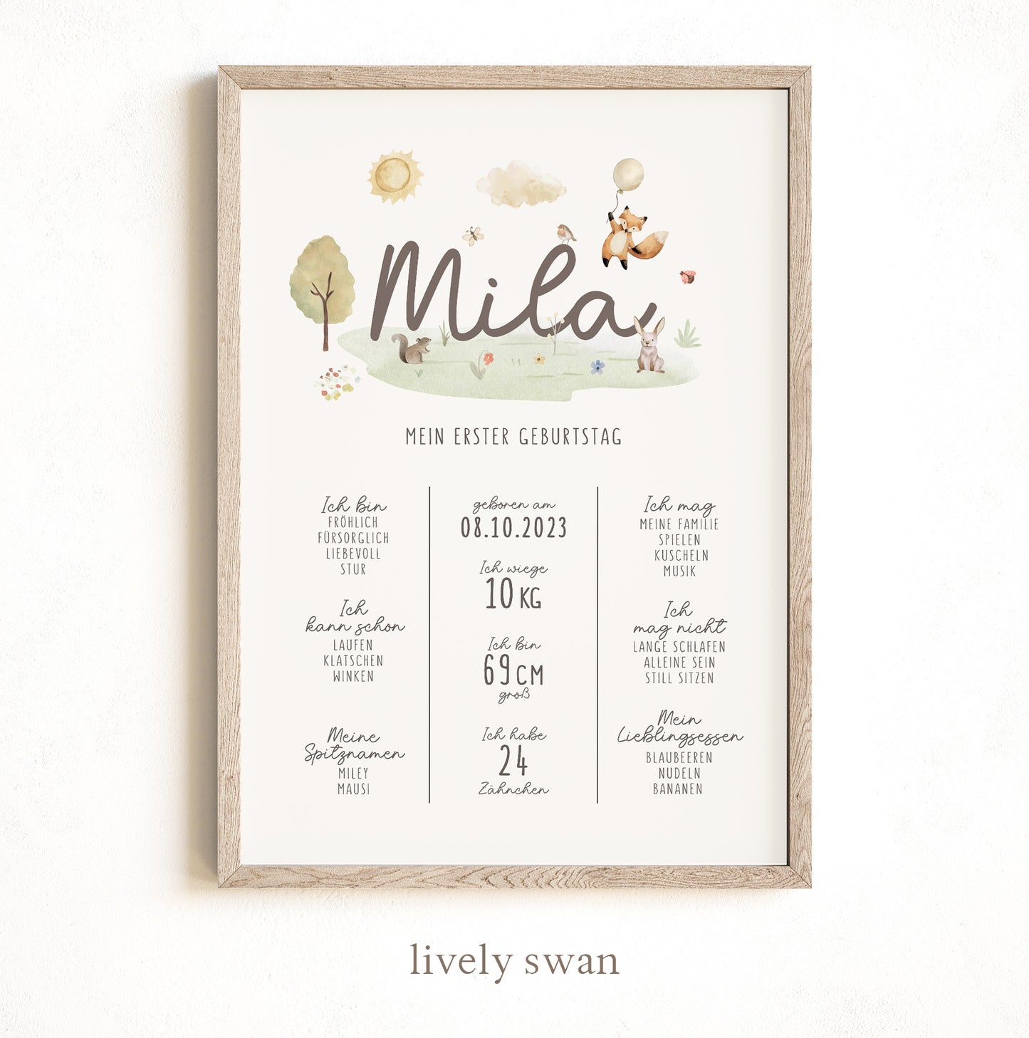 Meilensteintafel zum 1. Geburtstag, personalisiert, Waldtiere, Geburtstagsposter