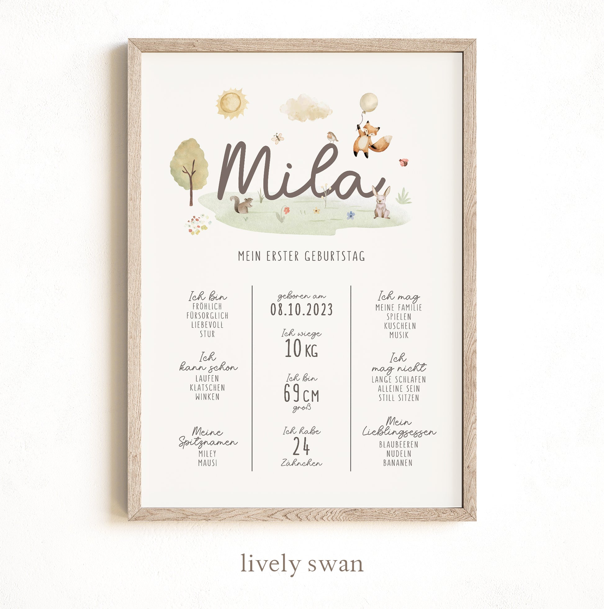 Meilensteintafel zum 1. Geburtstag, personalisiert, Waldtiere, Geburtstagsposter