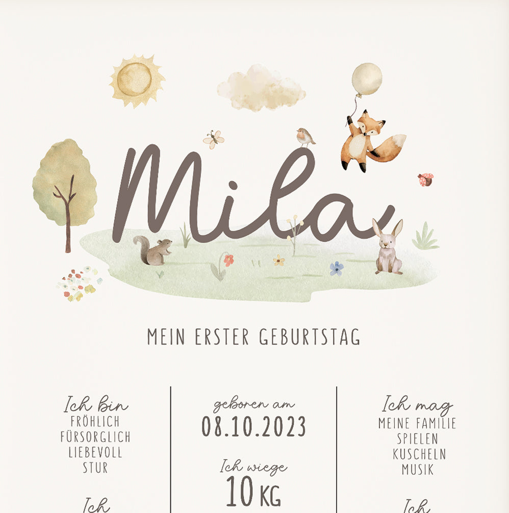 Meilensteintafel zum 1. Geburtstag, personalisiert, Waldtiere, Geburtstagsposter