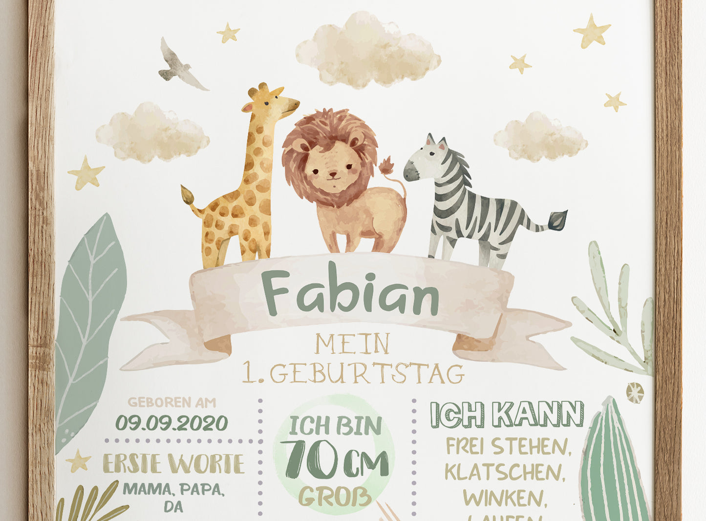 Meilensteintafel zum 1. Geburtstag, personalisiert, Safari, Geburtstagsposter, Wild one, Löwe