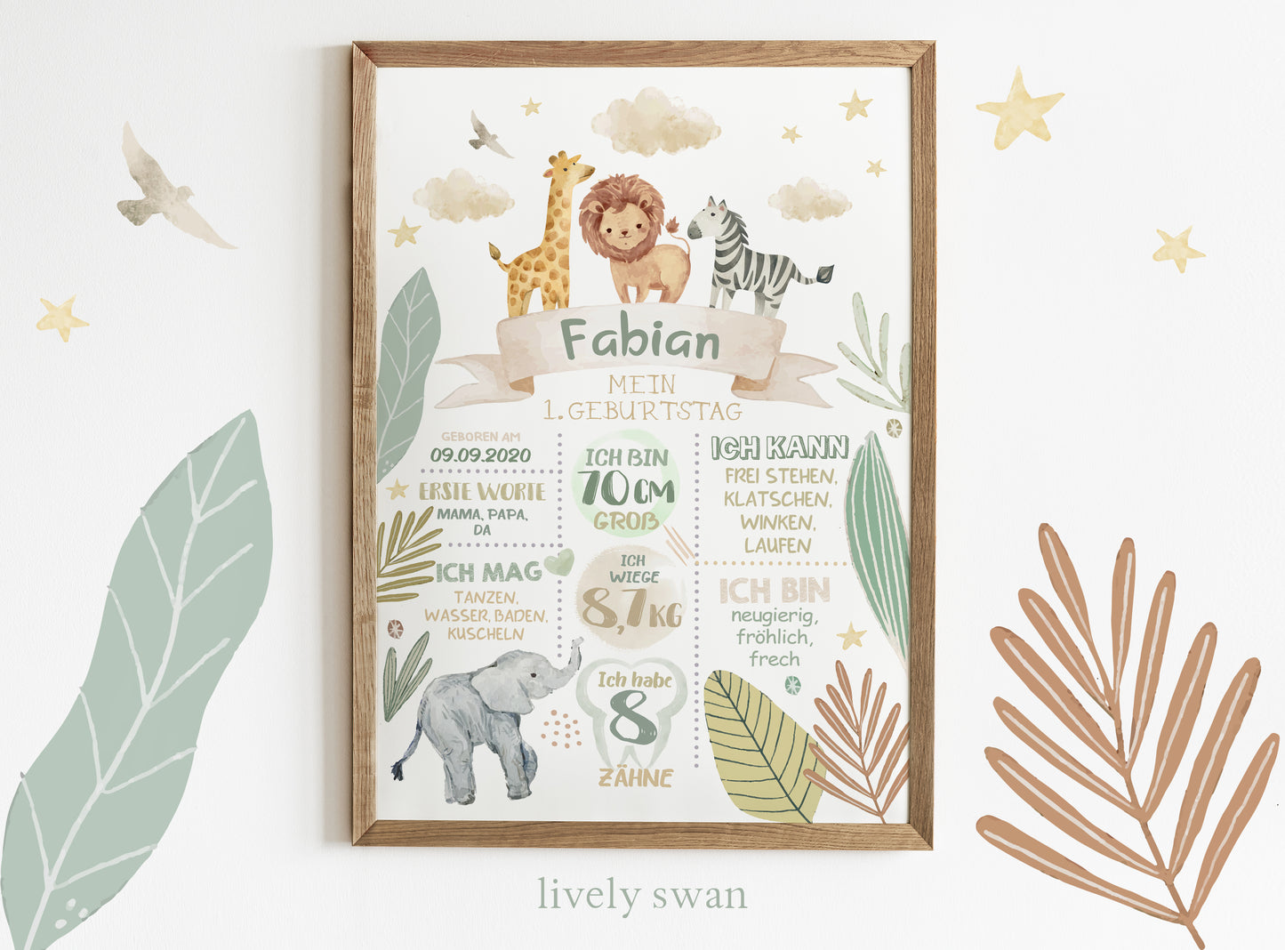 Meilensteintafel zum 1. Geburtstag, personalisiert, Safari, Geburtstagsposter, Wild one, Löwe
