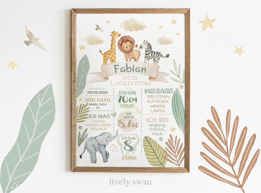 Meilensteintafel zum 1. Geburtstag, personalisiert, Safari, Geburtstagsposter, Wild one, Löwe