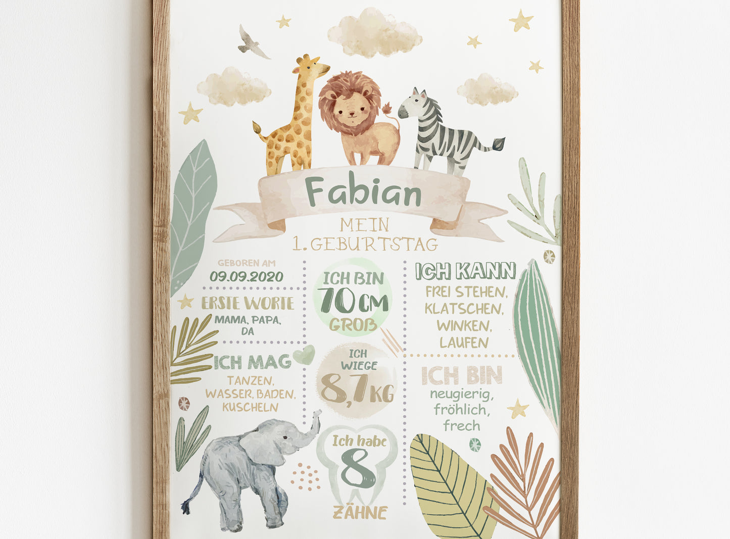 Meilensteintafel zum 1. Geburtstag, personalisiert, Safari, Geburtstagsposter, Wild one, Löwe