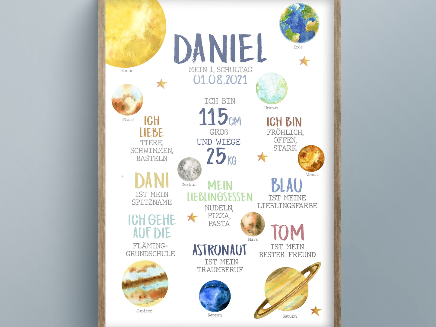 Personalisierte Meilensteintafel zur Einschulung, Meilensteinposter, Astronaut, Weltall