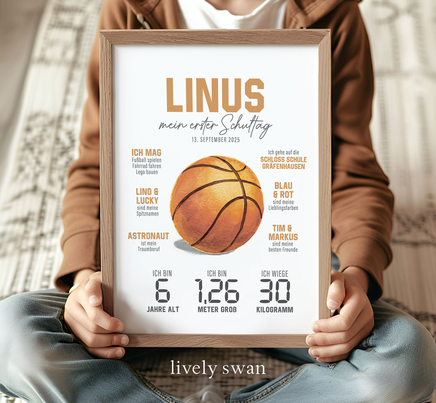 Personalisierte Meilensteintafel zur Einschulung, Meilensteinposter, Basketball