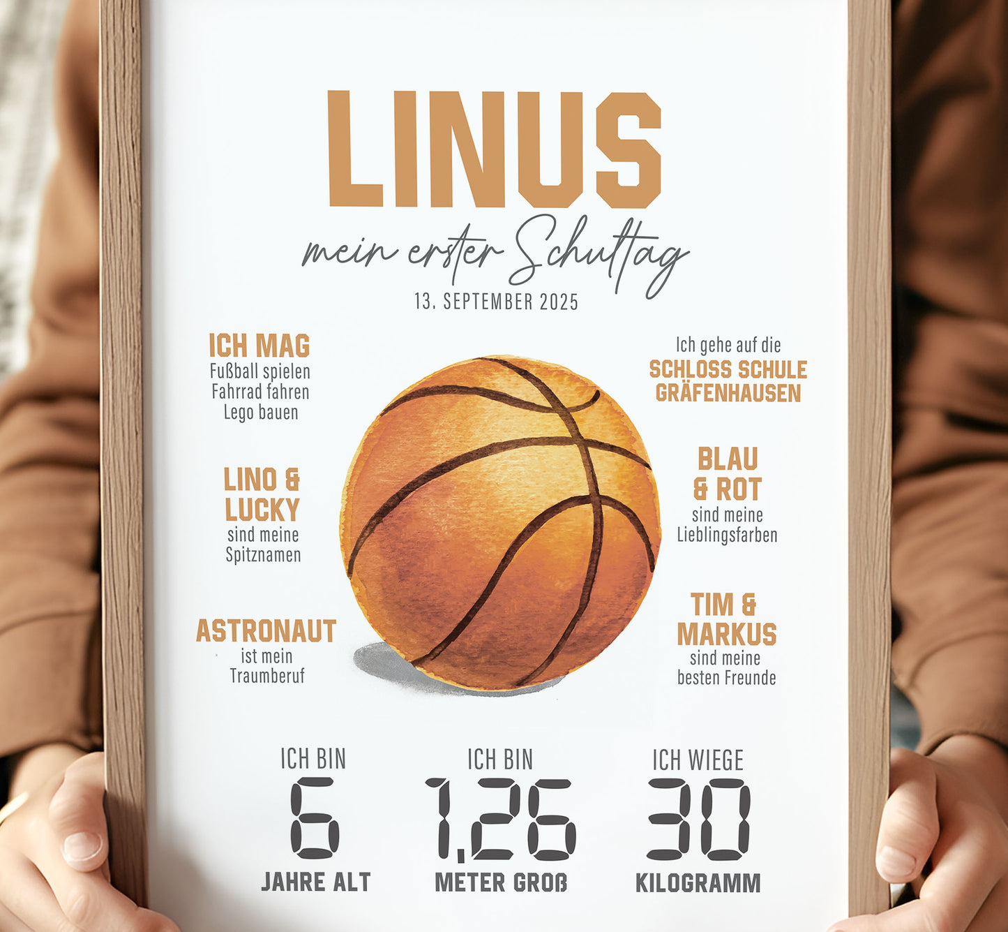 Personalisierte Meilensteintafel zur Einschulung, Meilensteinposter, Basketball