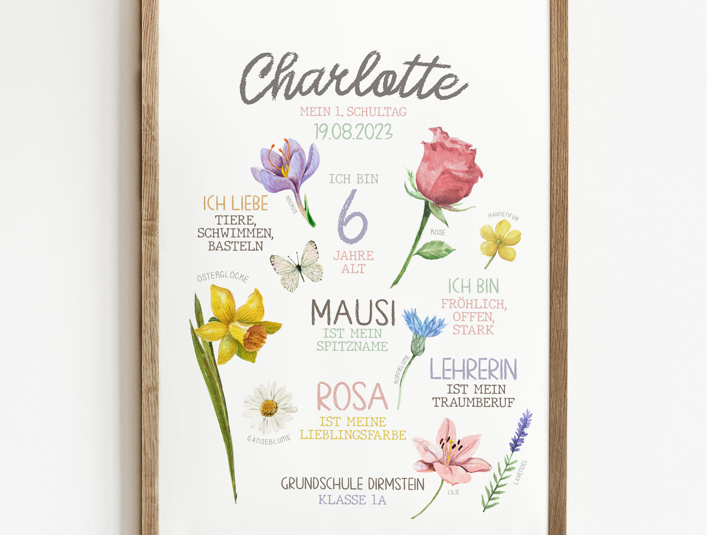 Personalisierte Meilensteintafel zur Einschulung, Meilensteinposter, Blumen