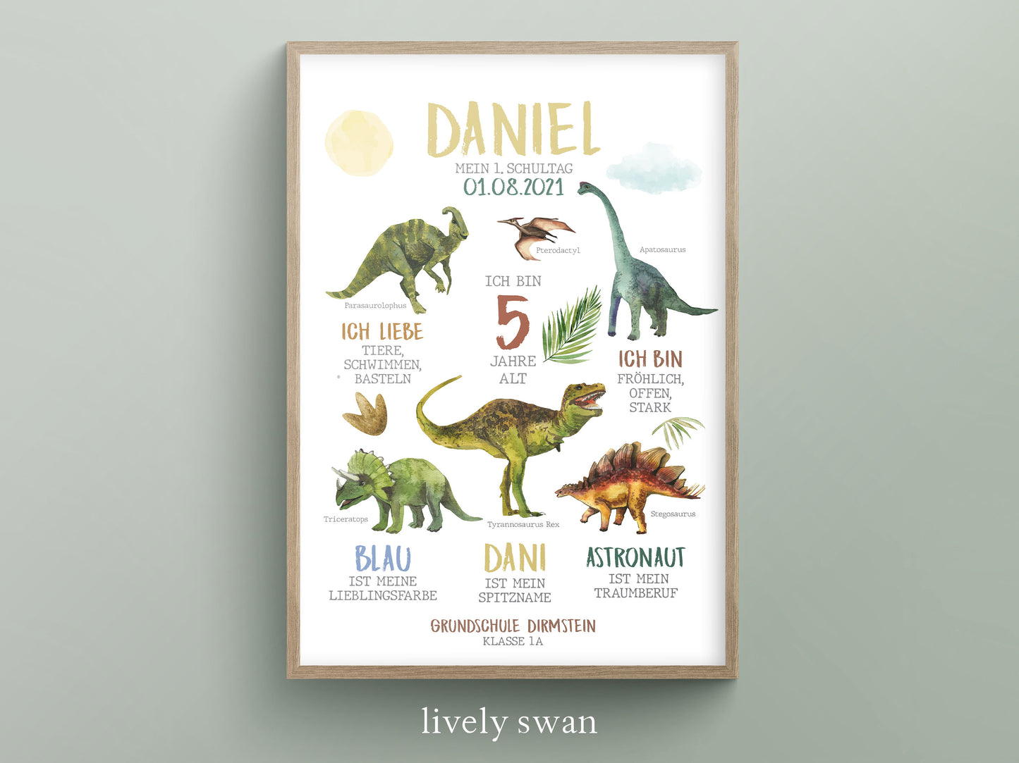 Personalisierte Meilensteintafel zur Einschulung, Meilensteinposter, Dinosaurier
