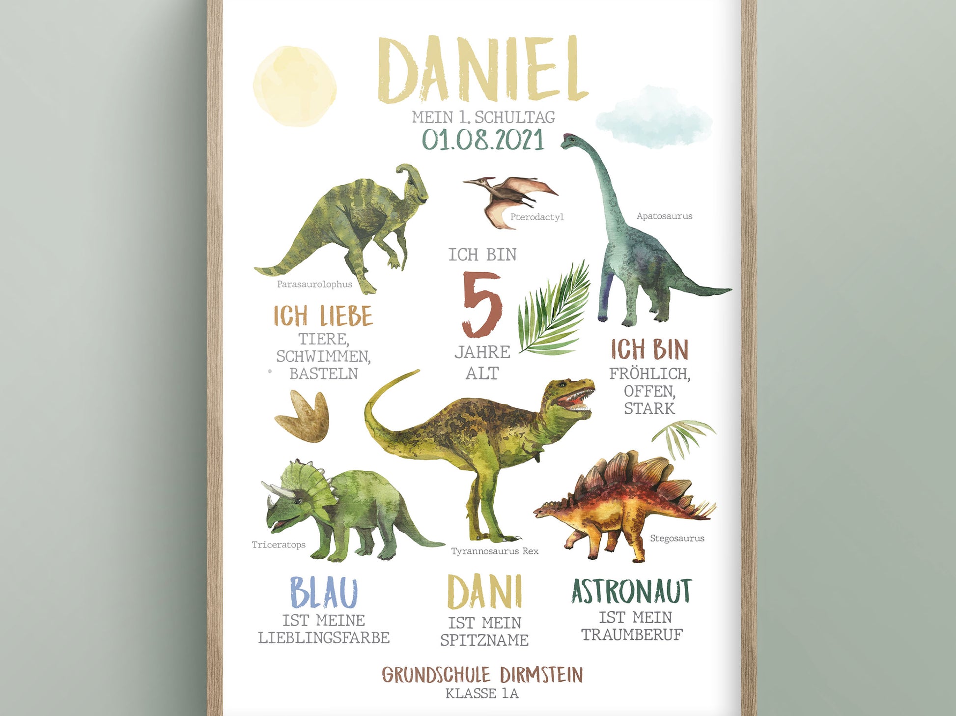 Personalisierte Meilensteintafel zur Einschulung, Meilensteinposter, Dinosaurier