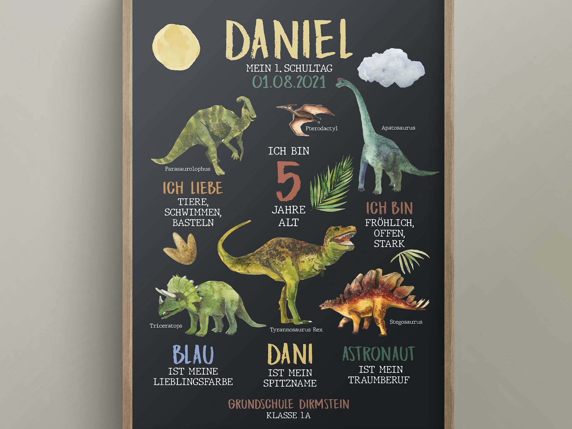 Personalisierte Meilensteintafel zur Einschulung, Meilensteinposter, Dinosaurier