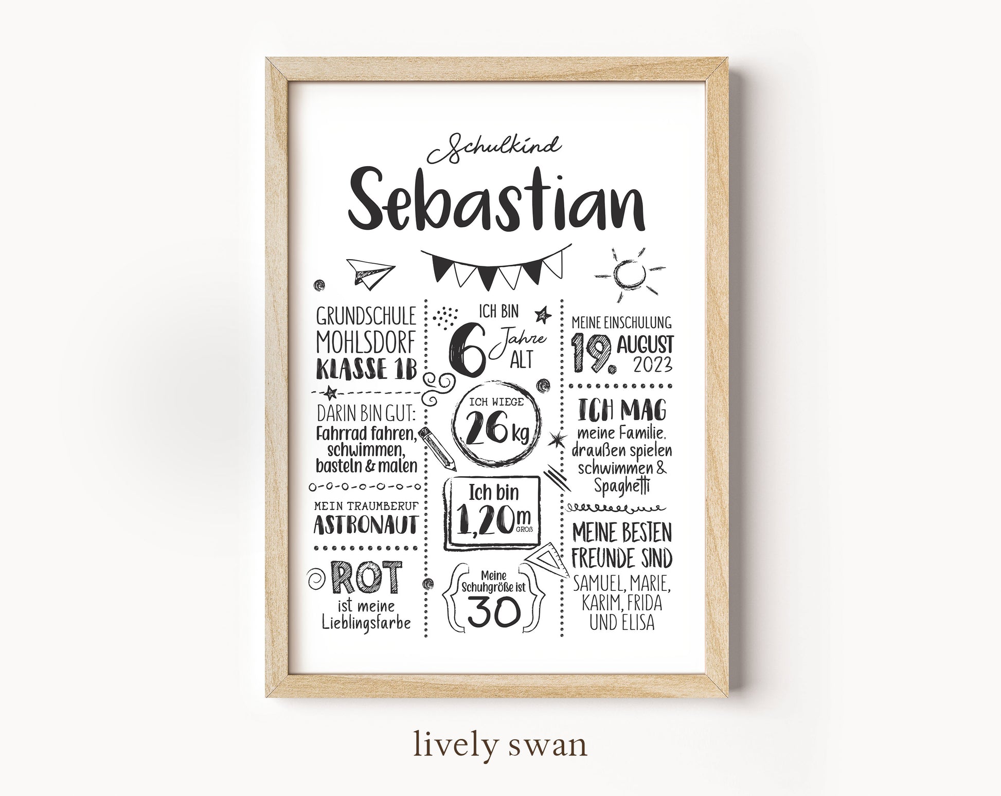Personalisierte Meilensteintafel zur Einschulung, Meilensteinposter, Doodle