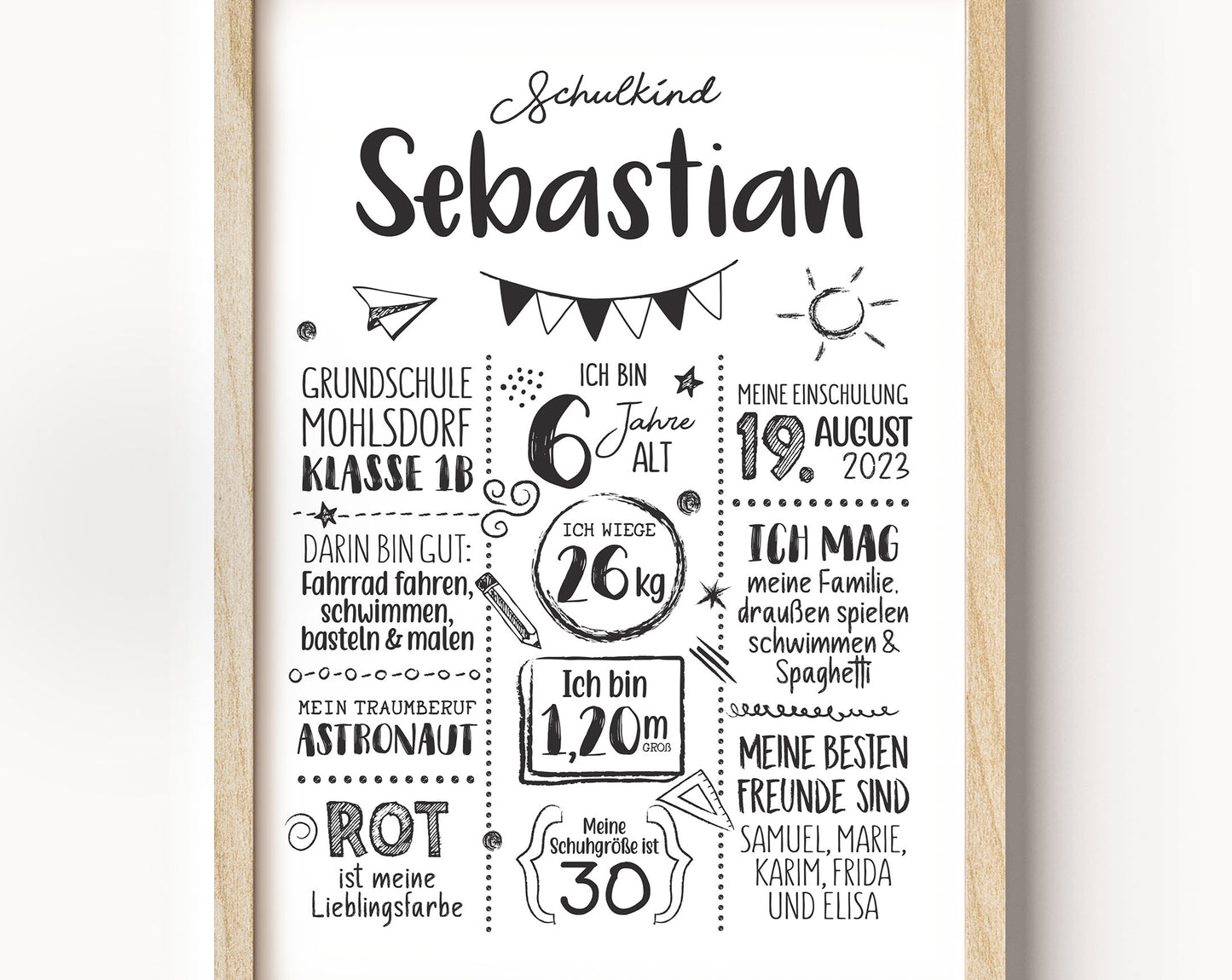Personalisierte Meilensteintafel zur Einschulung, Meilensteinposter, Doodle