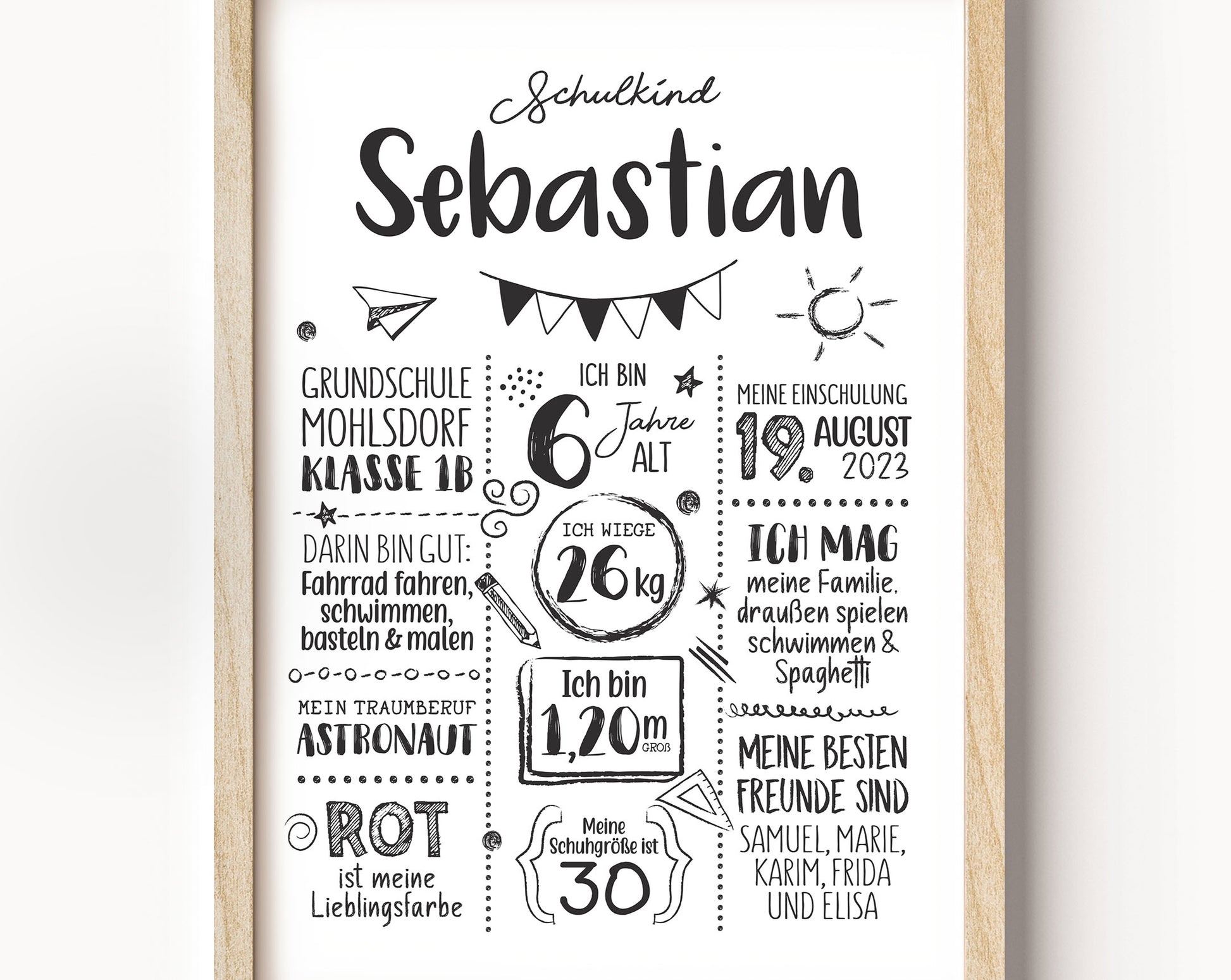 Personalisierte Meilensteintafel zur Einschulung, Meilensteinposter, Doodle