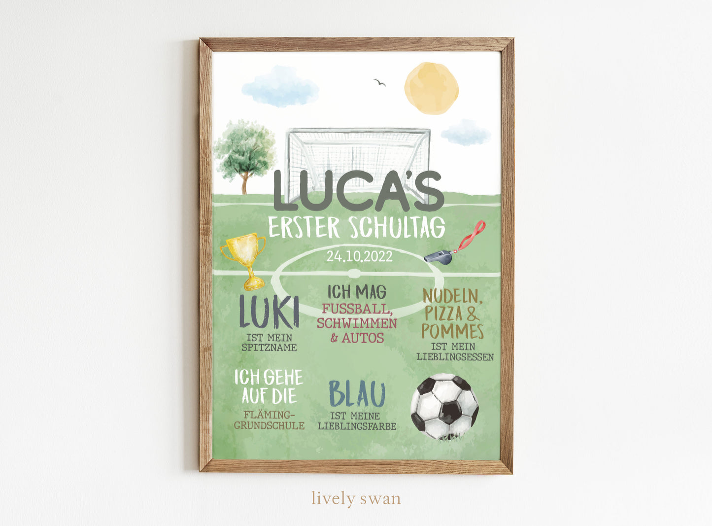 Personalisierte Meilensteintafel zur Einschulung, Meilensteinposter, Fußball