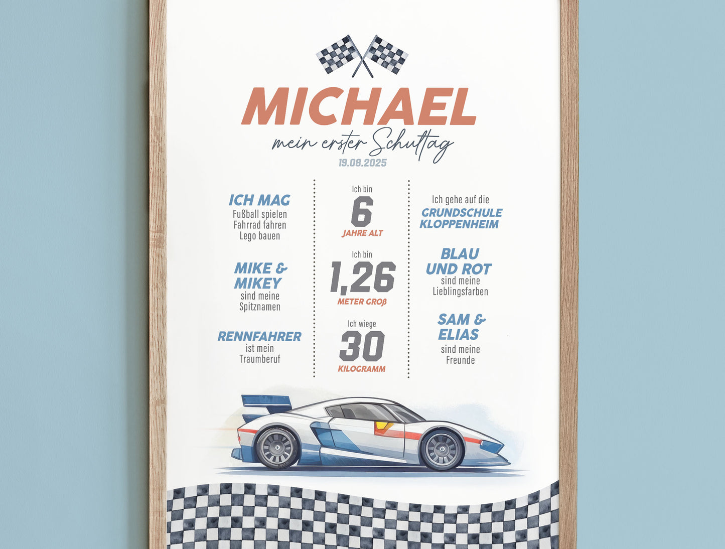 Personalisierte Meilensteintafel zur Einschulung, Meilensteinposter, Rennauto