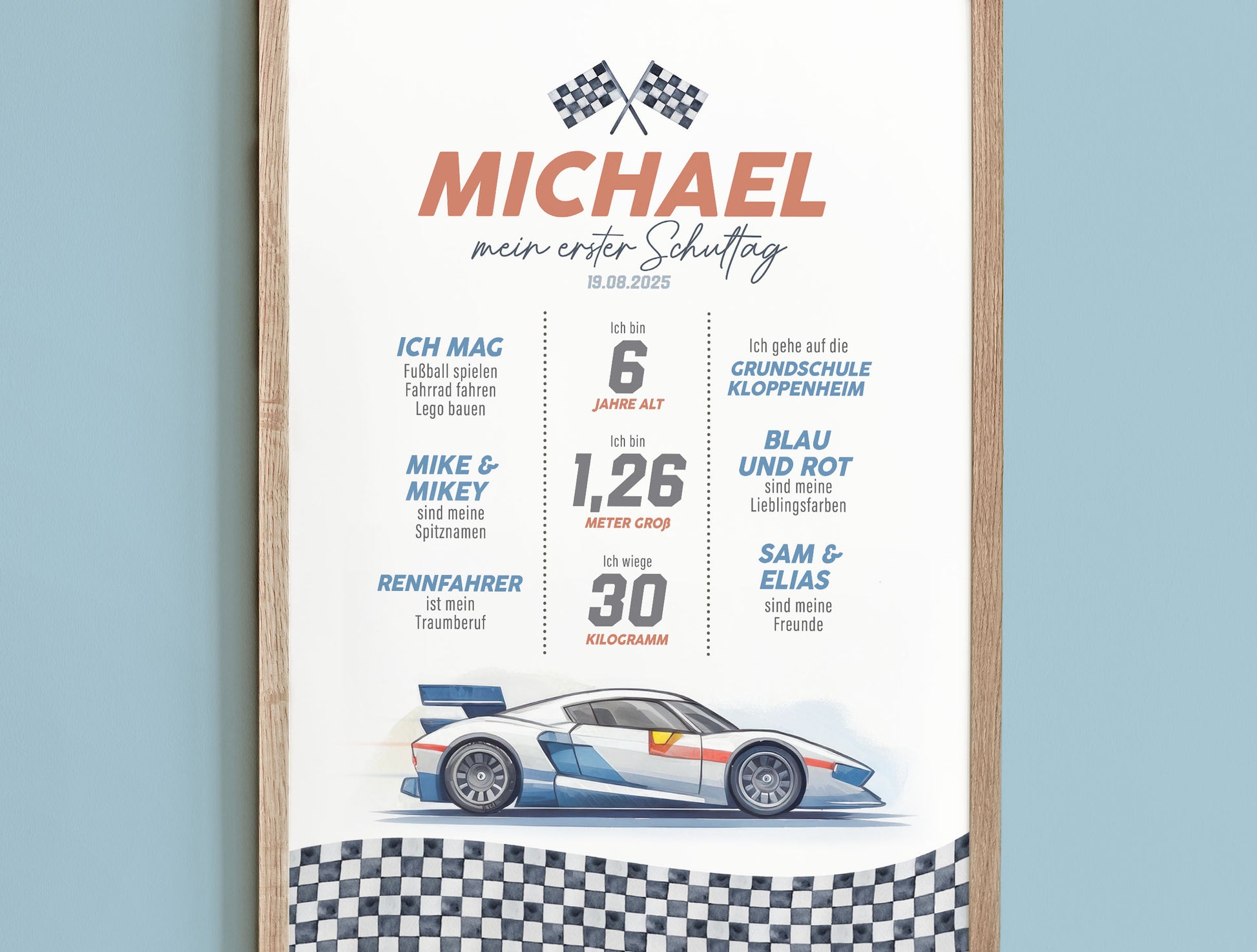 Personalisierte Meilensteintafel zur Einschulung, Meilensteinposter, Rennauto