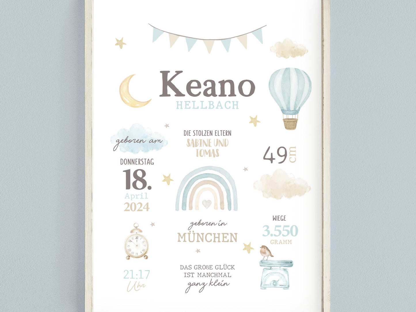 Geburtsposter, Regenbogen, personalisiert, Geburtstafel, Geschenk Geburt, Blau