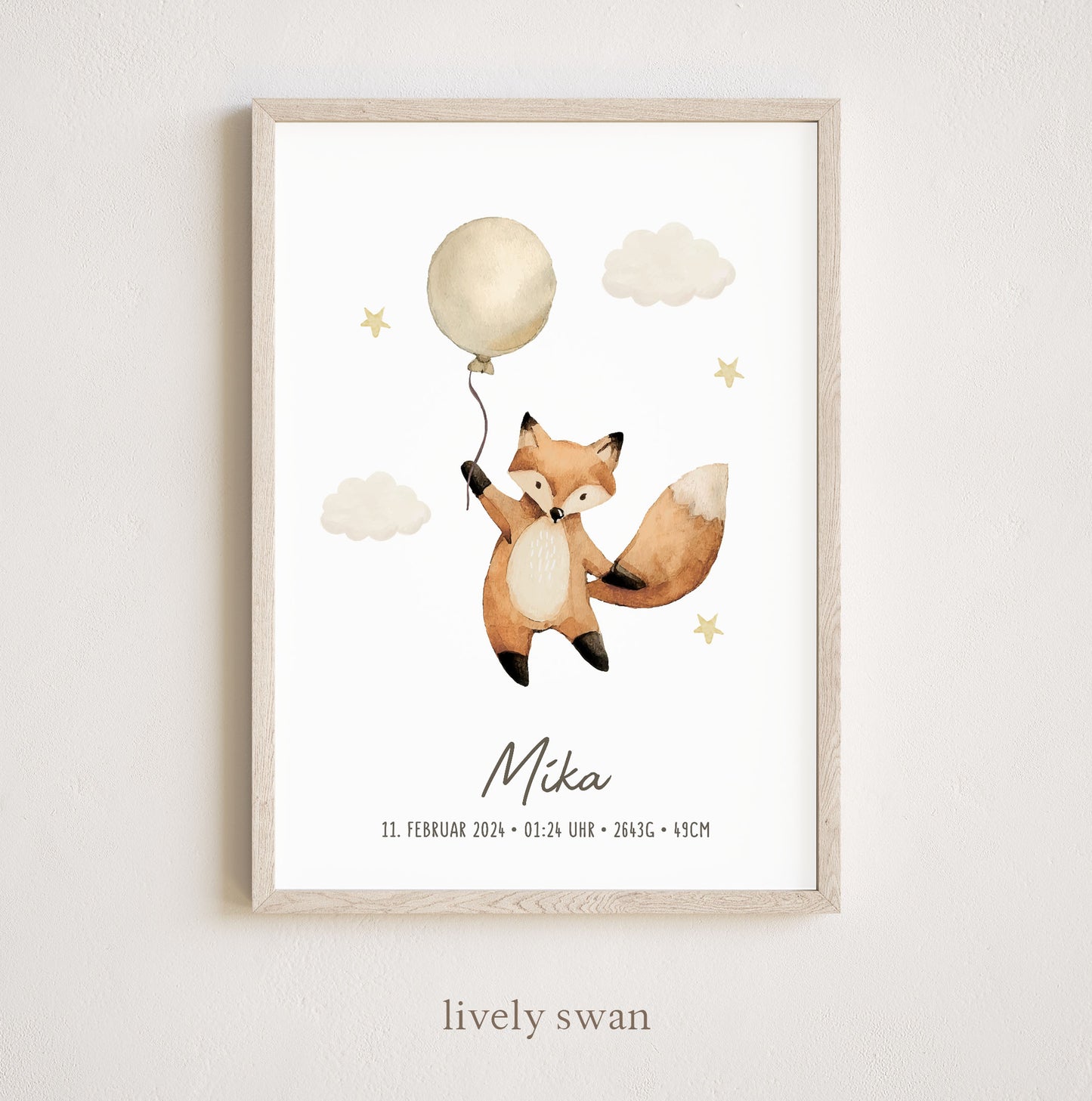 Personalisiertes Geburtsposter mit Fuchs, Ballon, Geburtstafel, Geschenk zur Geburt
