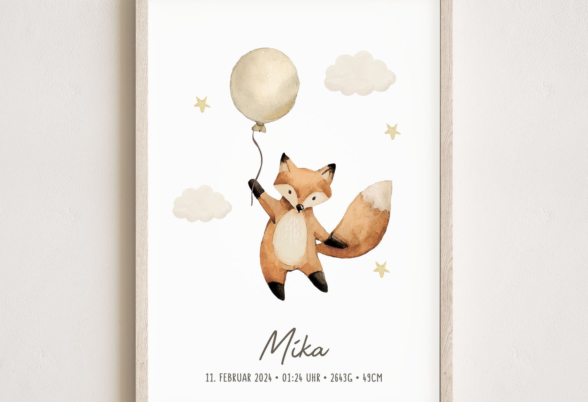 Personalisiertes Geburtsposter mit Fuchs, Ballon, Geburtstafel, Geschenk zur Geburt