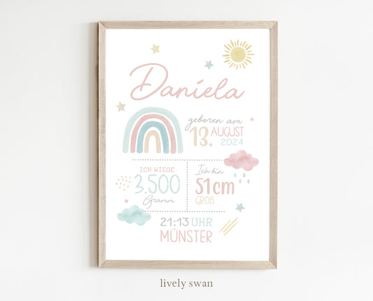 Geburtsposter, Regenbogen, personalisiert, Geburtstafel, Geschenk Geburt