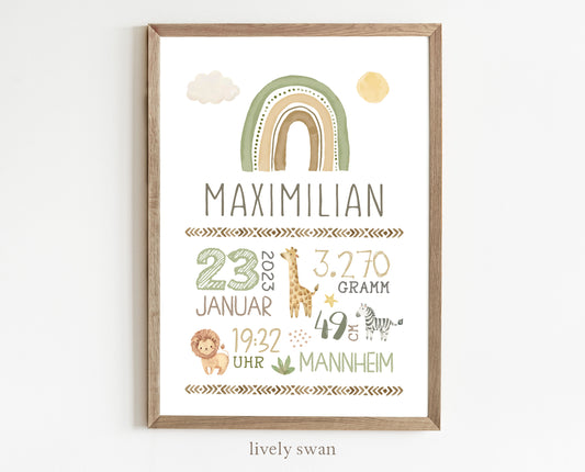 Geburtsposter, Safari, personalisiert, Löwe, Geburtstafel, Geschenk Geburt