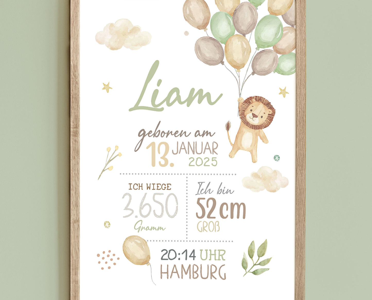 Geburtsposter, Safari, Löwe, Geburtstafel, Geschenk Geburt