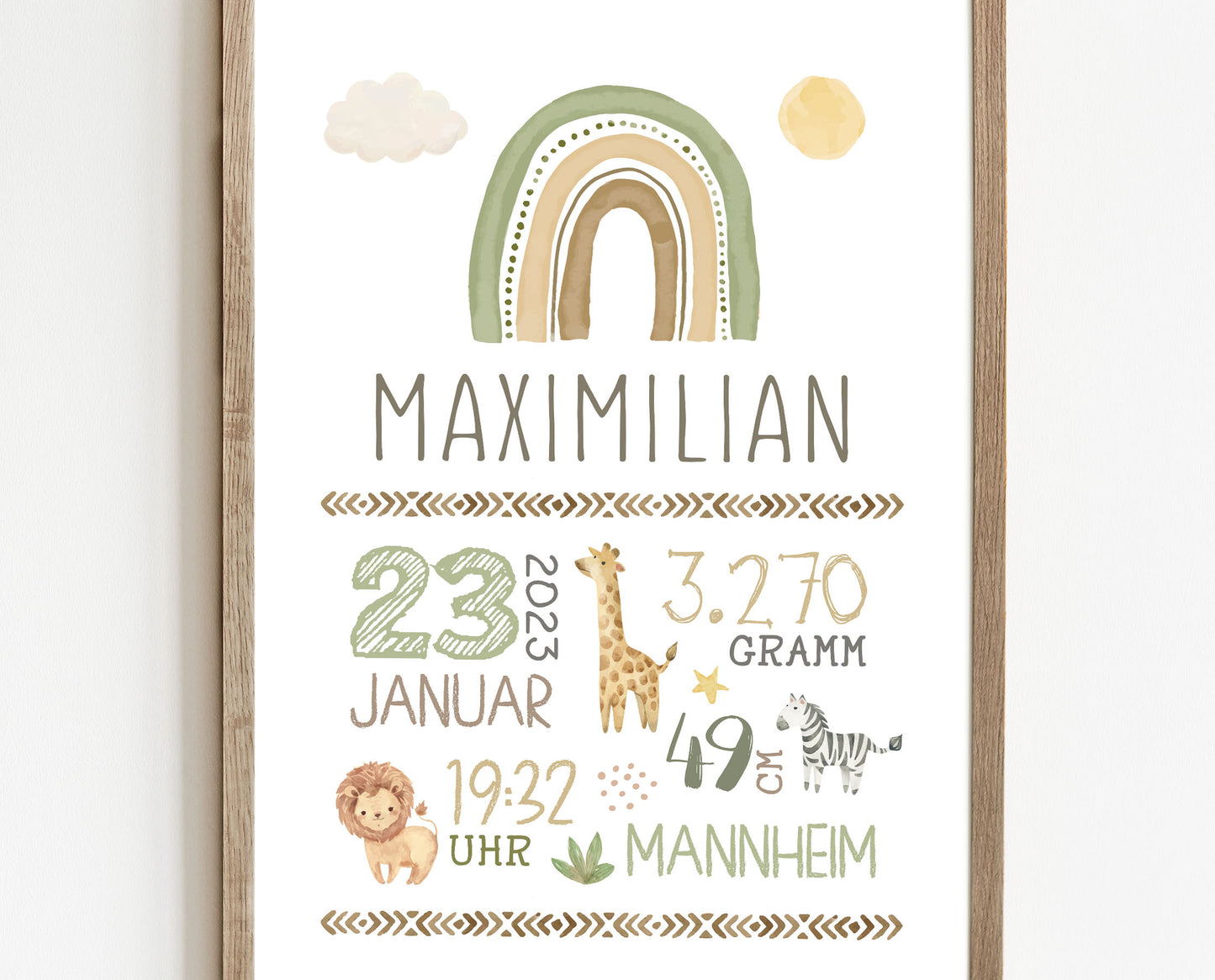 Geburtsposter, Safari, personalisiert, Löwe, Geburtstafel, Geschenk Geburt