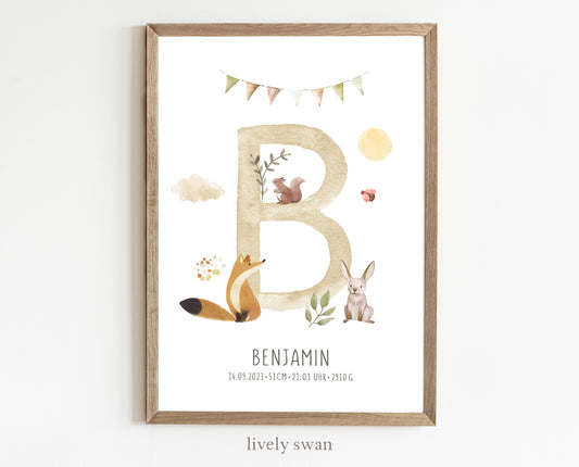  personalisiertes Geburtsposter mit Waldtieren, Fuchs, Geburtstafel, Geschenk Geburt