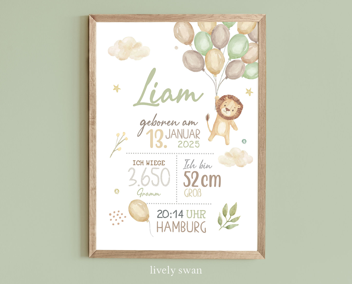 Geburtsposter, Safari, Löwe, Geburtstafel, Geschenk Geburt