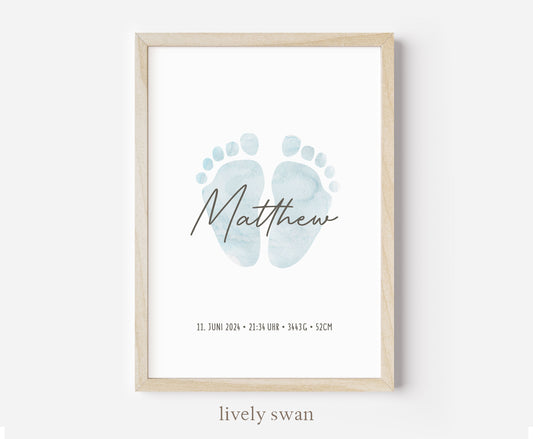 Geburtsposter, Fußabdruck, personalisiert, Geburtstafel, Geschenk Geburt, Blau