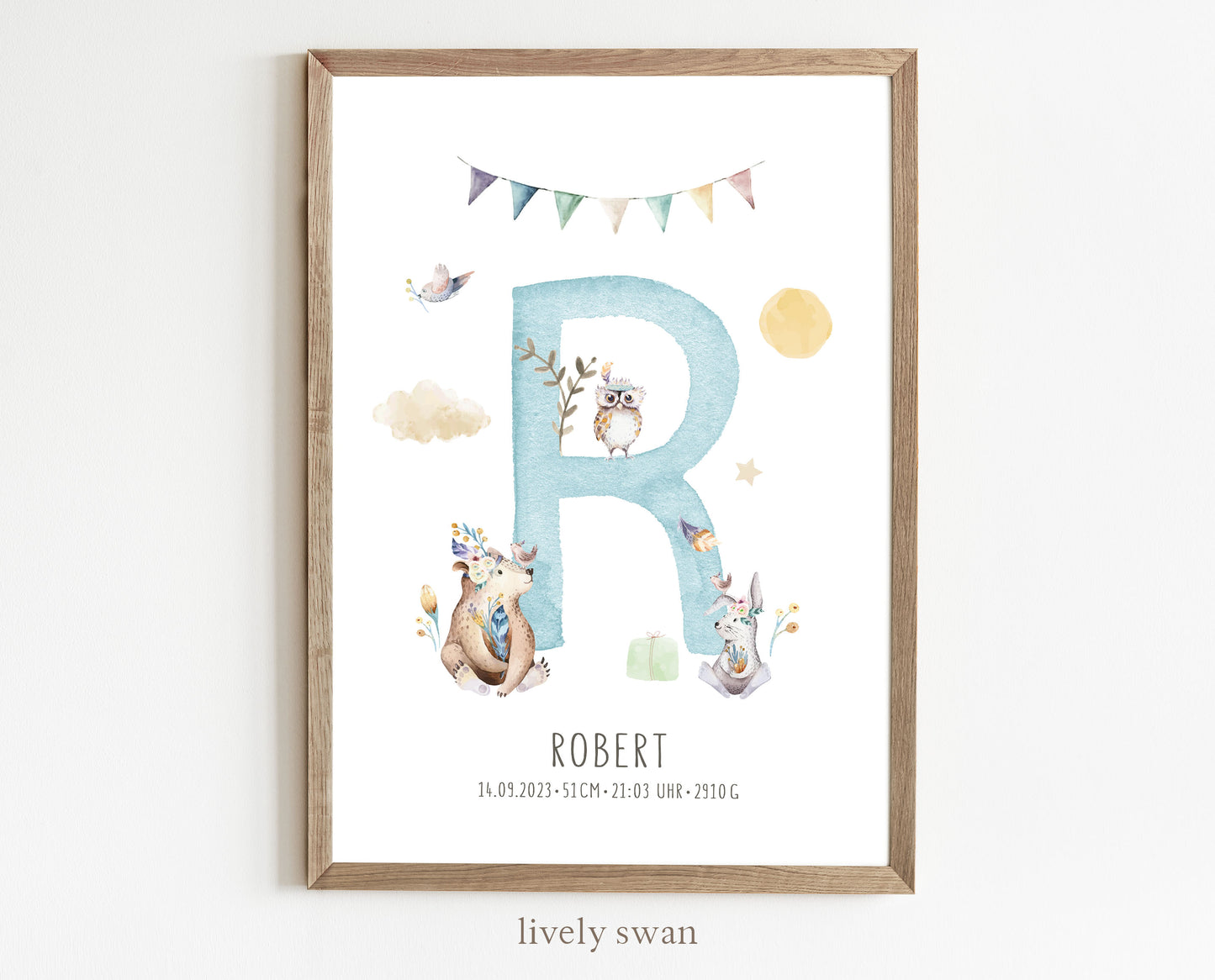 Geburtsposter, Waldtieren, personalisiert, Geburtstafel, Geschenk Geburt, Rosa