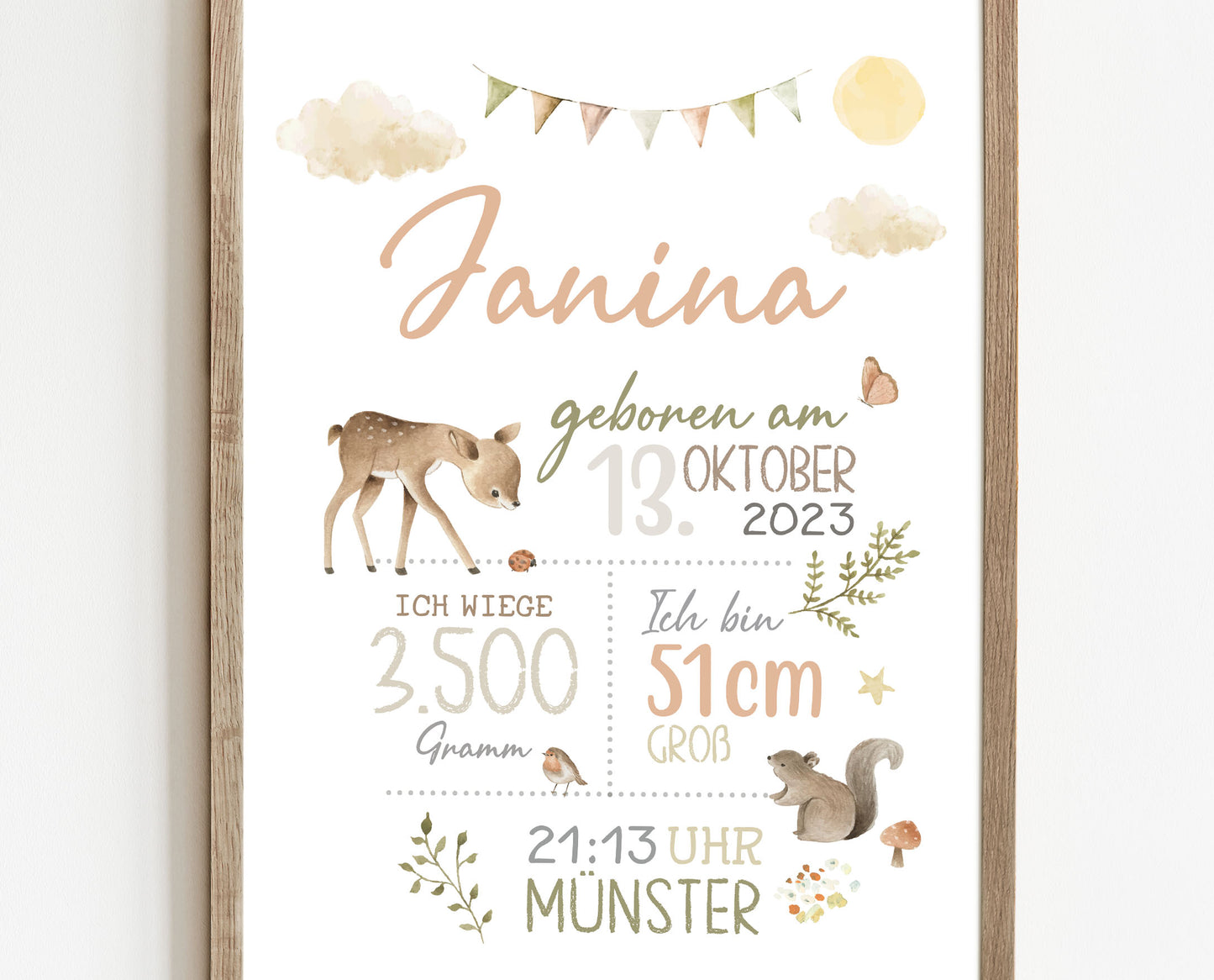 Personalisiertes Geburtsposter mit Waldtieren, Reh, Geburtstafel, Geschenk Geburt 13