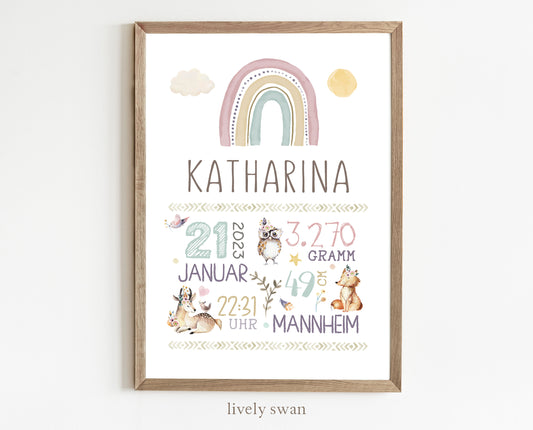 Personalisiertes Geburtsposter mit Waldtieren, Reh, Geburtstafel, Geschenk Geburt