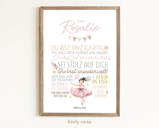 Personalisiertes Geschenk zum Schulanfang, Ballerina, Poster mit Sprüchen für's Schulkind