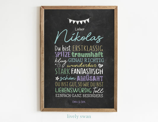 Personalisiertes Geschenk zum Schulanfang, Kreidedesign, Poster mit Sprüchen für's Schulkind