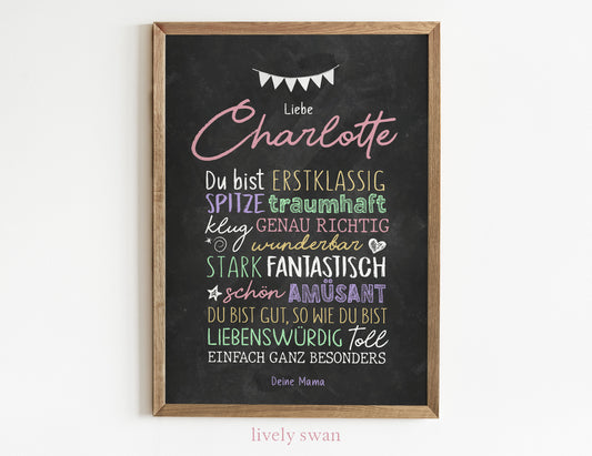 Personalisiertes Geschenk zum Schulanfang, Kreidedesign, Poster mit Sprüchen für's Schulkind