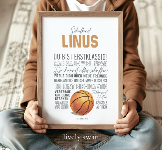 Personalisiertes Geschenk zum Schulanfang, Baskettbal, Poster mit Sprüchen für's Schulkind