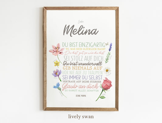 Personalisiertes Geschenk zum Schulanfang, Blumen, Poster mit Sprüchen für's Schulkind
