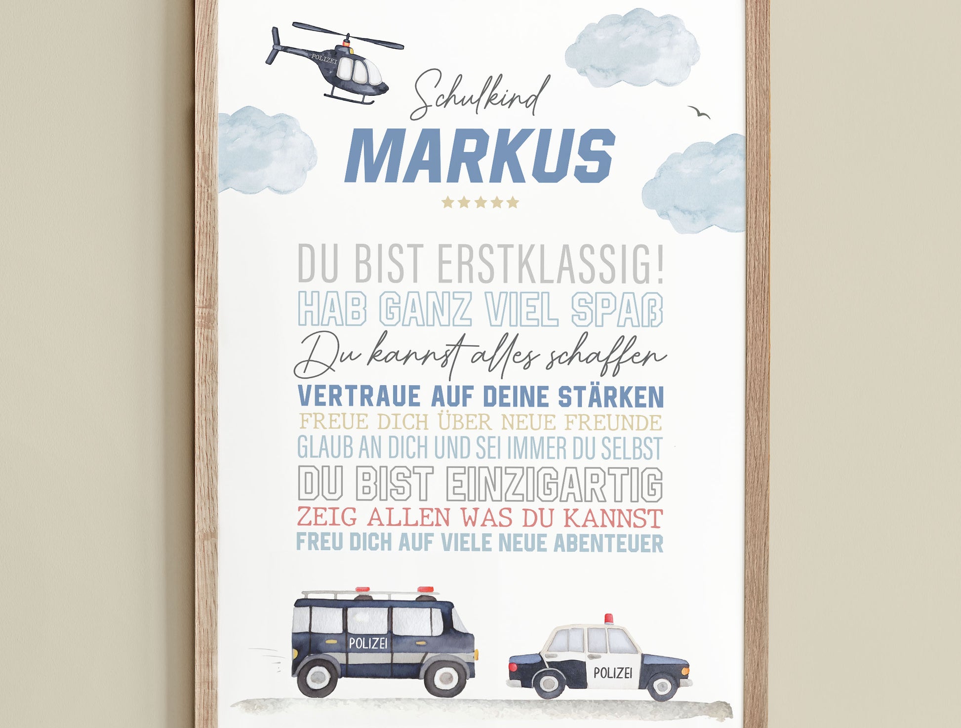 Personalisiertes Geschenk zum Schulanfang, Polizei, Poster mit Sprüchen für's Schulkind