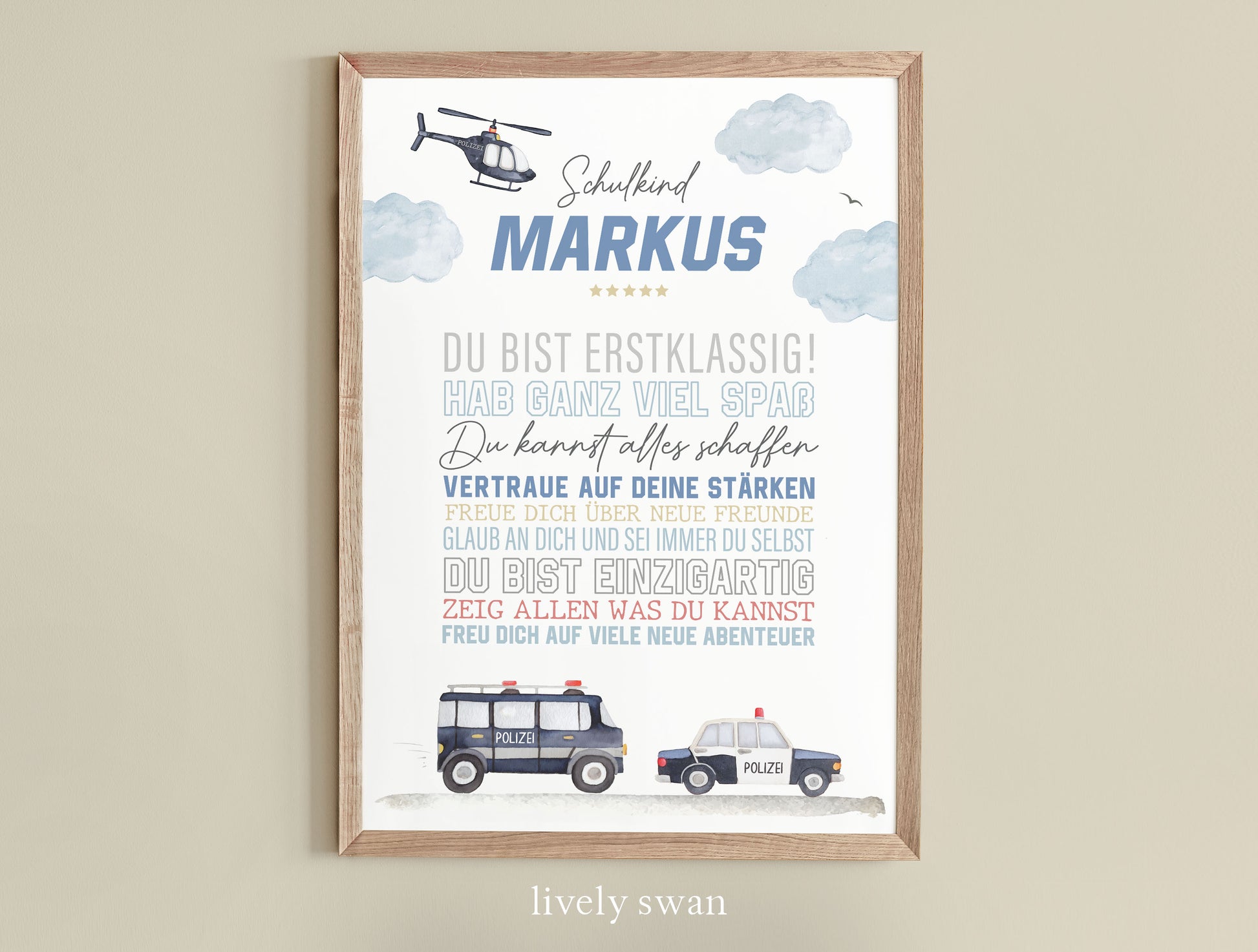 Personalisiertes Geschenk zum Schulanfang, Polizei, Poster mit Sprüchen für's Schulkind