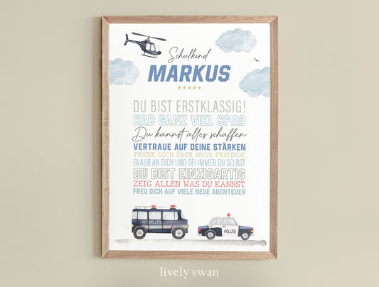 Personalisiertes Geschenk zum Schulanfang, Polizei, Poster mit Sprüchen für's Schulkind